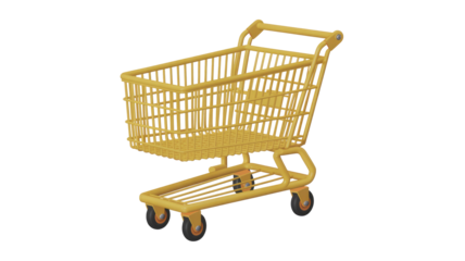A vibrant yellow 3D render of an empty supermarket shopping cart, ready for groceries and retail, on a deep transparent background. background removed