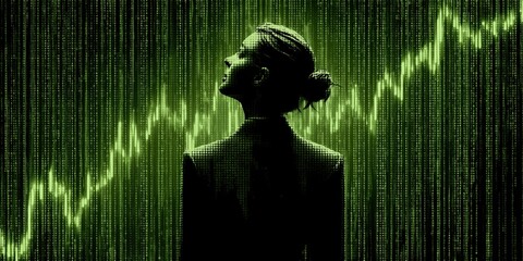 Double exposure of shadow of businesswoman and green stock chart line