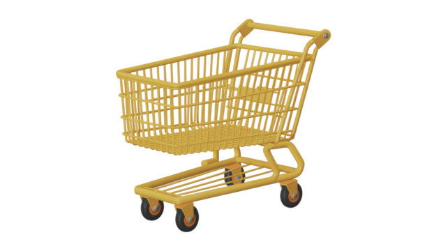 A vibrant yellow 3D render of an empty supermarket shopping cart, ready for groceries and retail, on a deep transparent background. background removed