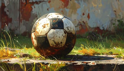 A worn, patched soccer ball rests on a weathered concrete surface surrounded by grass and autumn foliage. The background features a textured wall