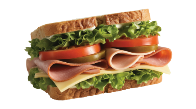 A delicious, layered deli sandwich featuring toasted bread, ham, cheese, crisp lettuce, juicy tomato, and tangy pickles, with mayo. background removed