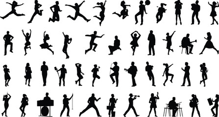 Large Collection of Black Silhouettes of People Dancing Jumping and Playing Musical Instruments Isolated on White Background for Party Celebration and Concert Design Elements