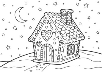 Naklejka premium A charming gingerbread house in a winter night scene for a children's Christmas activity coloring book page illustration