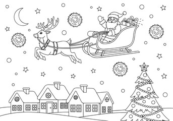 Festive Santa Claus and reindeer flying over a winter village, a delightful Christmas Eve scene for a children's coloring book page