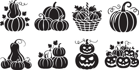 Assortment of Black Silhouette Pumpkins Gourds and Jack-o'-lanterns for Halloween