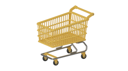 A bright yellow 3D rendered shopping cart with silver metallic frame and wheels, depicted against a clean, solid dark transparent background. background removed