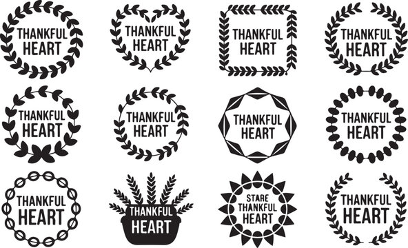 Variety of " Thankful Heart" Circular and Geometric Designs with Laurel and Floral Accents Keywords: thankful heart, gratitude, heart, thankfulness, thanksgiving, laurel wreath, floral wreath, leaf - Powered by Adobe