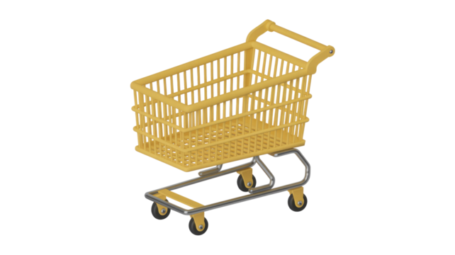 A bright yellow 3D rendered shopping cart with silver metallic frame and wheels, depicted against a clean, solid dark transparent background. background removed