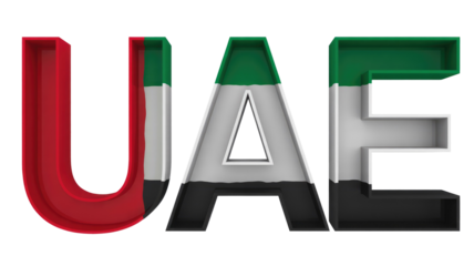 A 3D rendering of the letters "UAE" styled with the national flag colors of the United Arab Emirates, showcasing national pride. background removed