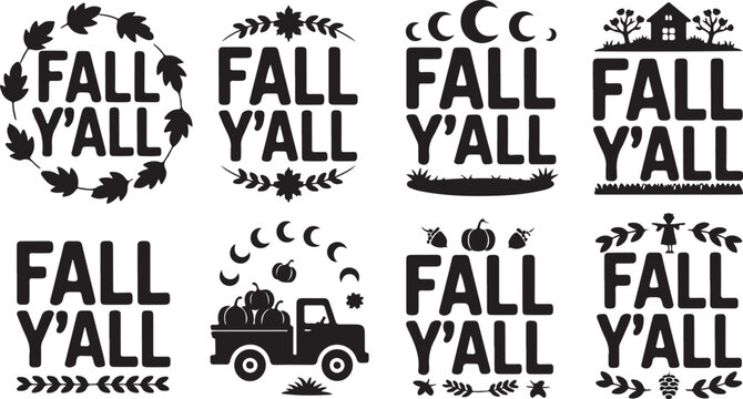 Fall Y'all Autumn Themed Graphic Elements with Decorative Accents fall yall