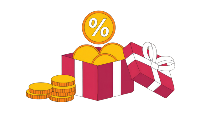 A red gift box filled with golden coins, featuring a prominent percentage symbol, representing discounts, special offers, and financial rewards. background removed - Powered by Adobe