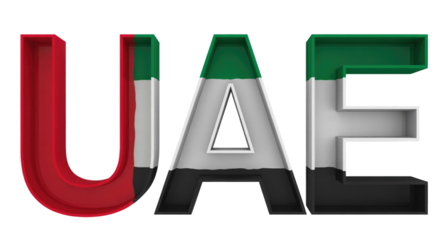 A 3D rendering of the letters "UAE" styled with the national flag colors of the United Arab Emirates, showcasing national pride. background removed