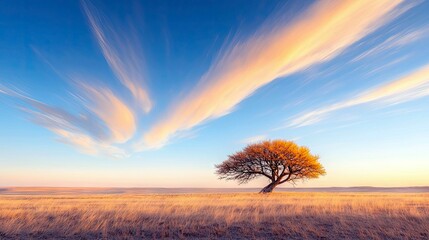 A solitary tree stands in a dry, golden field beneath a vast blue sky filled with streaky, sunset-colored clouds.