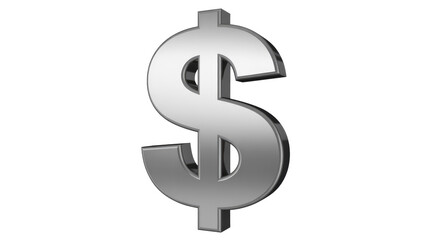 A prominent 3D silver dollar sign stands against a solid transparent background, symbolizing currency, wealth, and financial concepts, rendered with metallic shine. background removed