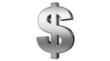 A prominent 3D silver dollar sign stands against a solid transparent background, symbolizing currency, wealth, and financial concepts, rendered with metallic shine. background removed