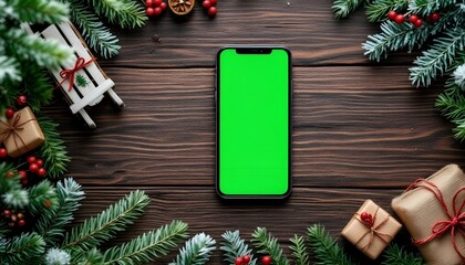 Green screen smartphone screenshot on Christmas Background