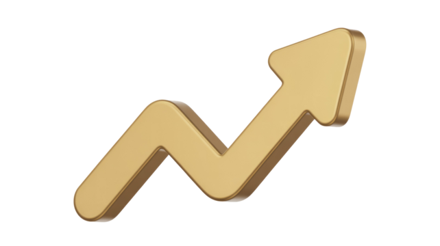 A shiny 3D golden arrow depicting an upward trend, symbolizing growth, success, and positive progress. Ideal for financial or business visuals. background removed