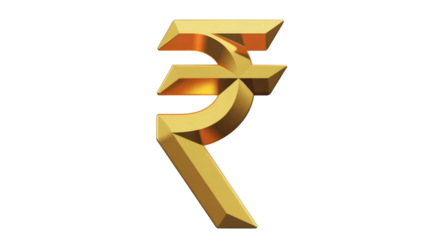 A striking 3D golden Indian Rupee symbol, reflecting wealth and currency, set against a clean, deep transparent background. background removed
