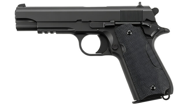 Black semi automatic pistol on a white background