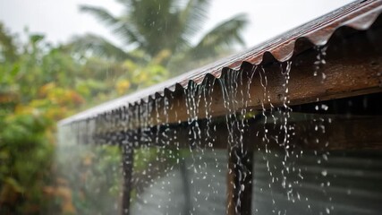 Raindrops cascade heavily down from a corrugated metal roof during a stormy day in a lush garden setting, creating a serene atmosphere filled with the sound of rainfall