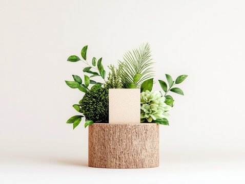 A minimalist composition featuring a blank card surrounded by lush green foliage and light green flowers, presented on a textured wooden cylinder. - Powered by Adobe