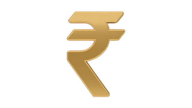 A golden, metallic 3D Indian Rupee currency symbol rendered against a dark transparent background, representing finance and economic value. background removed