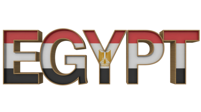 A 3D rendering of the word "EGYPT," with each letter displaying the Egyptian flag's colors and national emblem. The letters feature a distinct wooden frame. background removed