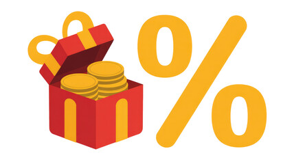 A red gift box containing stacks of gold coins is depicted next to a large yellow percentage symbol, signifying discounts or special offers. background removed