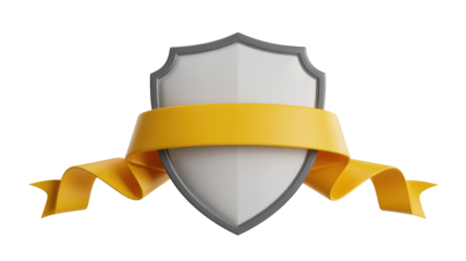 A 3D rendered white and grey shield with a vibrant golden yellow ribbon wrapped horizontally around its center, symbolizing protection or achievement. background removed