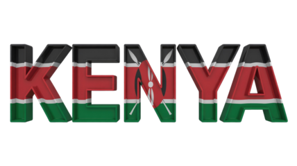 3D text 'KENYA' featuring the vibrant colors and distinctive Maasai shield emblem of the Kenyan flag on a solid transparent background. background removed