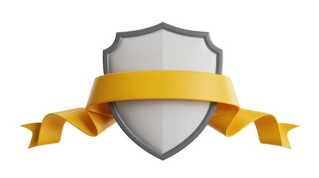 A 3D rendered white and grey shield with a vibrant golden yellow ribbon wrapped horizontally around its center, symbolizing protection or achievement. background removed