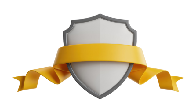 A 3D rendered white and grey shield with a vibrant golden yellow ribbon wrapped horizontally around its center, symbolizing protection or achievement. background removed