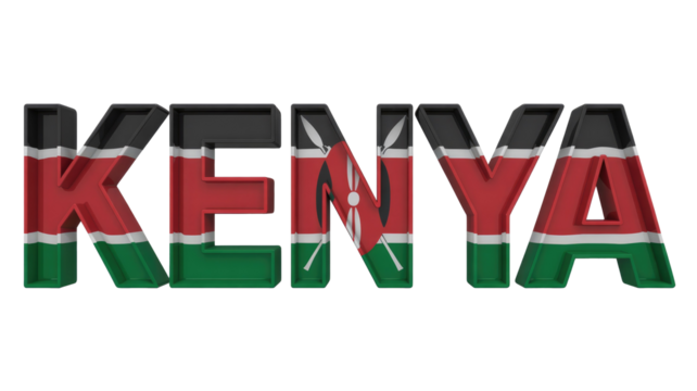 3D text 'KENYA' featuring the vibrant colors and distinctive Maasai shield emblem of the Kenyan flag on a solid transparent background. background removed