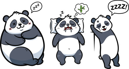 Cute sleeping panda cartoon characters in different adorable poses, dreaming and snoring, playful kawaii illustration for children, stickers, and merchandise © Jisan World