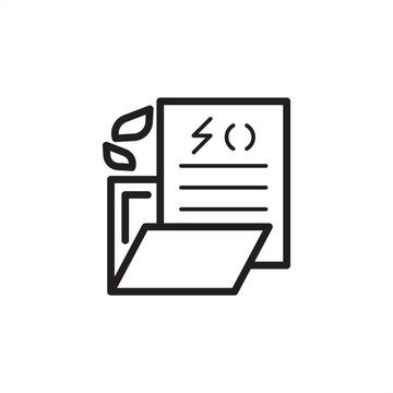 Renewable Energy PPA icon. Features a document with a lightning bolt, code brackets, and leaves. Represents green energy financial agreements, energy contracts, sustainability, and power purchasing.