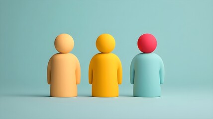 Three diverse abstract figure models standing together on blue background. Concept banner template of teamwork, diversity, inclusion, and human resource for business presentation with copy space.