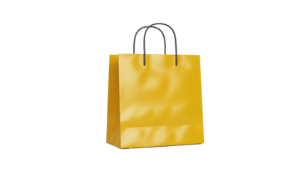 A vibrant yellow shopping bag with black handles, presented on a solid dark transparent background, perfect for retail and gift concepts. background removed