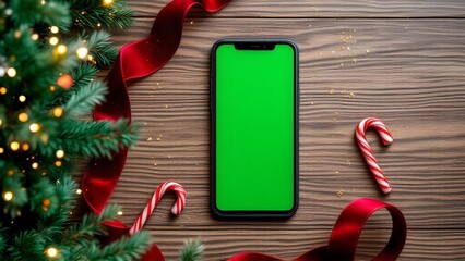 Green screen smartphone screenshot on Christmas Background