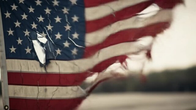 Tattered and torn American flag with visible cracks and frayed edges symbolizing decay and neglect