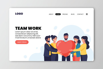 Team work flat horizontal web site banner with group of happy people vector illustration