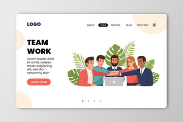 Team work flat horizontal web site banner with group of happy people vector illustration