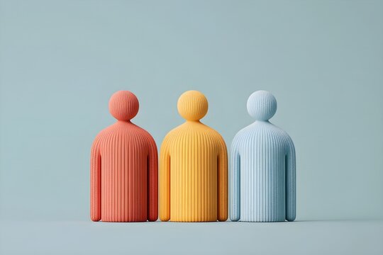 Three diverse abstract figure models standing together on blue background. Concept banner template of teamwork, diversity, inclusion, and human resource for business presentation with copy space.