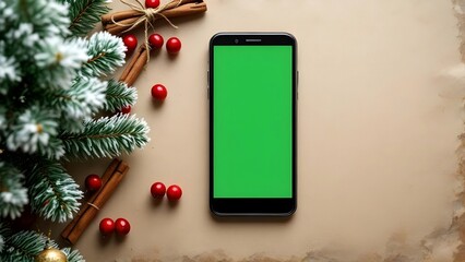Green screen smartphone screenshot on Christmas Background