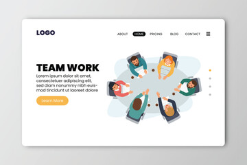 Team work flat horizontal web site banner with group of happy people vector illustration