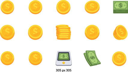 Money icon grid, cartoon currency, dollar coins, financial symbols, banking illustration, savings graphics, economy icons, wealth design, finance assets, cash visuals