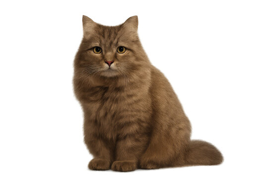 Domestic long-haired cat sitting, looking forward, observing home environment, transparent background