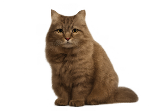 Domestic long-haired cat sitting, looking forward, observing home environment, transparent background