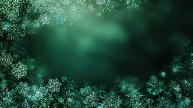 Abstract ethereal glowing green and teal bokeh lights and snowflakes creating a frosty winter border