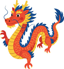 Obraz premium A colorful, friendly Chinese or Oriental dragon cartoon character in red, yellow, and blue, illustrated in a flat vector style.