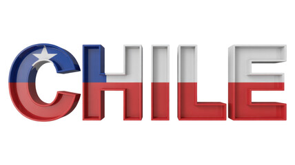 A 3D rendering of the word 'CHILE' with each letter showcasing the vibrant colors and design of the Chilean flag, set against a solid transparent background. background removed